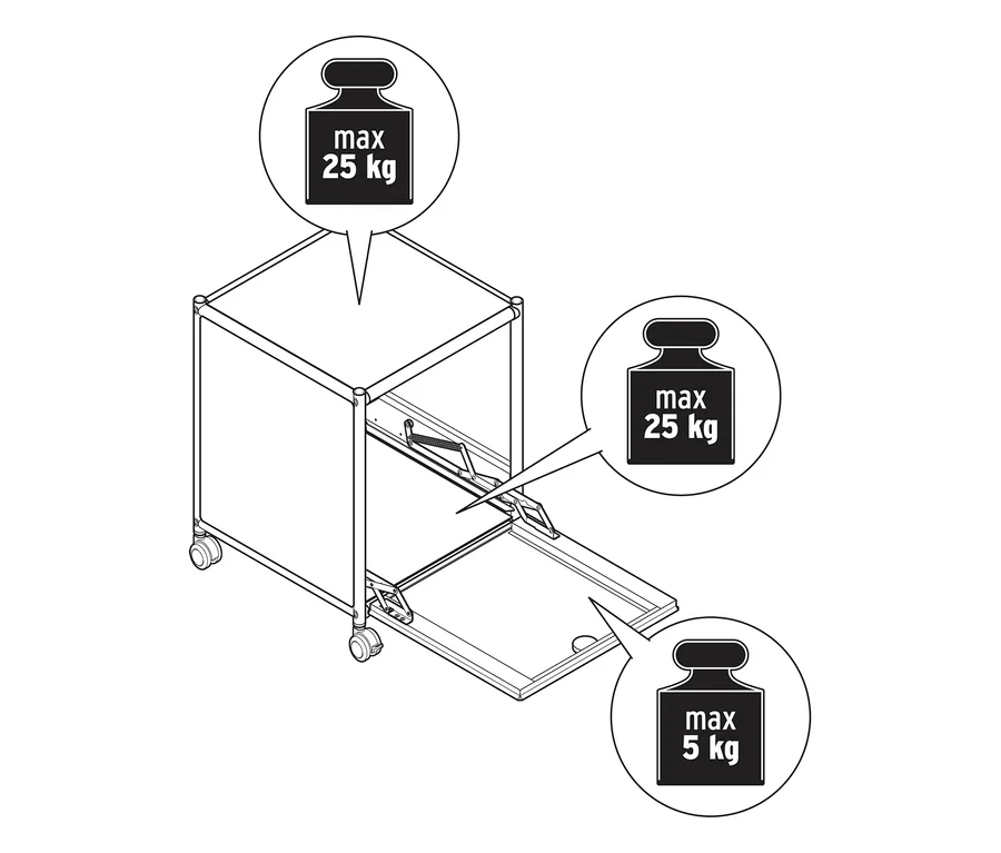 Metall-Beistelltisch »CN3« mit 1 Klappfach und Rollen. Die maximale Belastung beträgt 25 kg oben und innen, sowie 5 kg auf der Klappe.