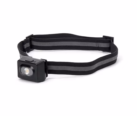 Eine Stirnlampe mit schwarzem Gehäuse und grau gestreiftem Gurt.