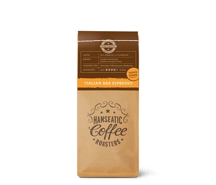 Braune Kaffeeverpackung Hanseatic Italian Bar Espresso, ganze Bohne, mit dunkelbraunem oberen Bereich, der Details zu Sorte, Aroma und Intensität zeigt.