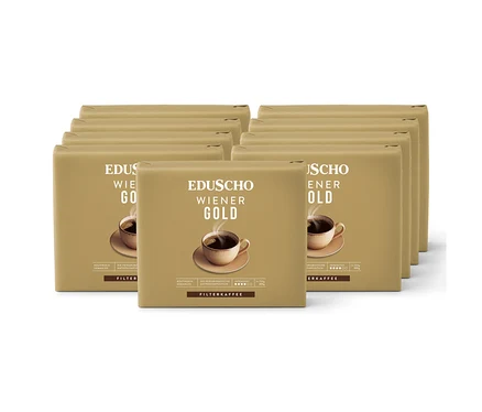 Mehrere goldbraune Packungen gemahlenen Filterkaffees, jede mit einer dampfenden Tasse Kaffee und der Aufschrift '2x250g'.