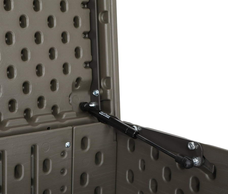 Innenansicht einer braunen Lifetime-Auflagenbox (ca. 570 l) mit Löchern.