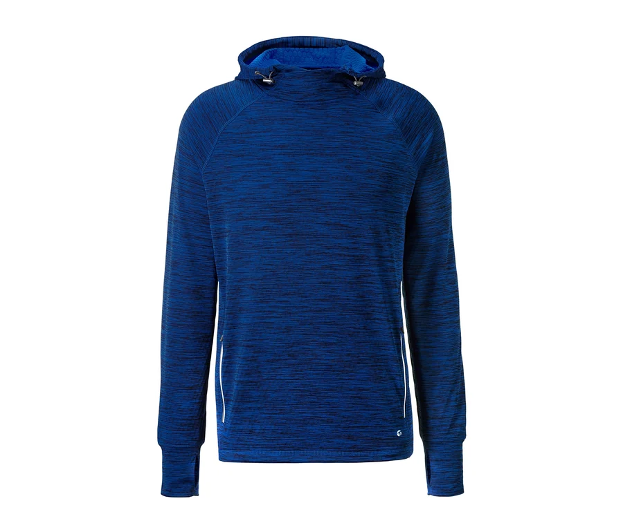 Blaues Thermo-Laufshirt mit Kapuze.