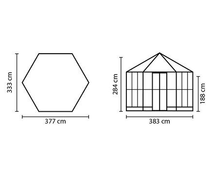 Schema zeigt die Abmessungen des schwarzen Vitavia Gewächshaus Pavillons 9 m² inkl. Fundamentrahmen.