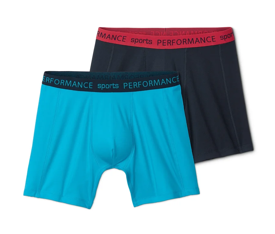 Zwei Sport-Slipboxer, türkis und dunkelblau.