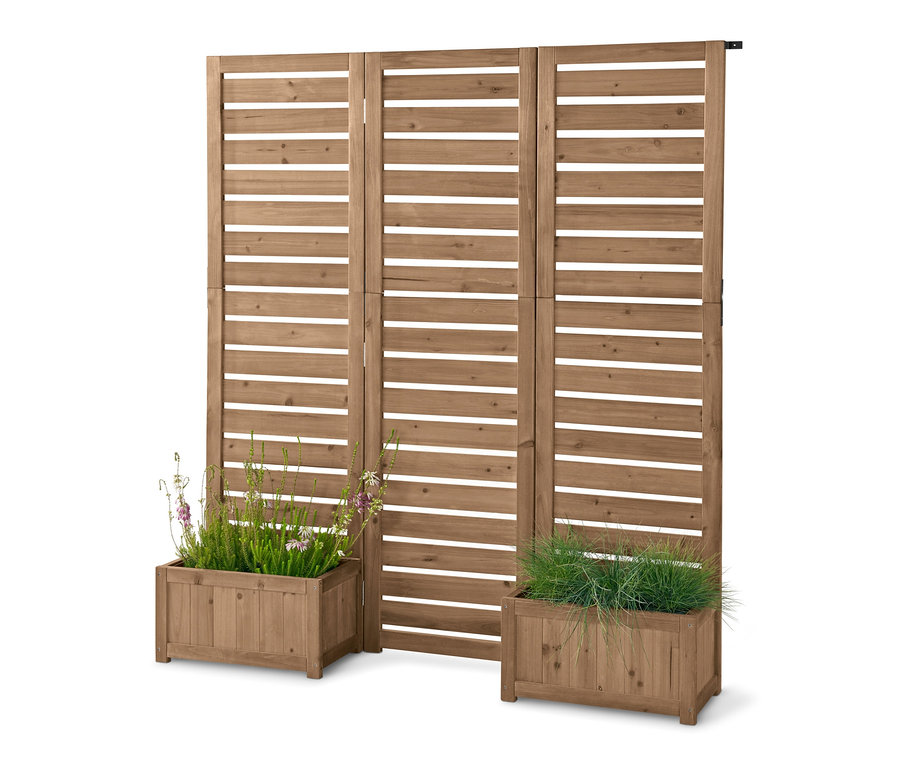 Hölzerner Paravent »Tinus« mit Pflanzkästen mit Pflanzen.