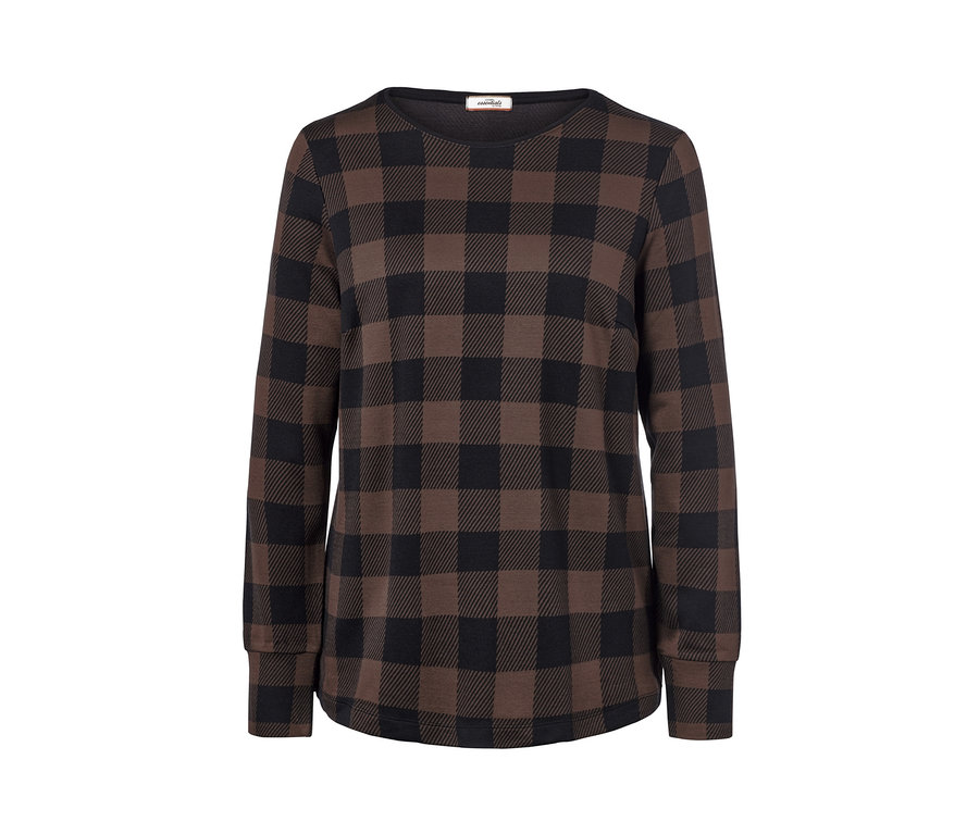 Ein kariertes Sweatshirt in Braun und Schwarz.