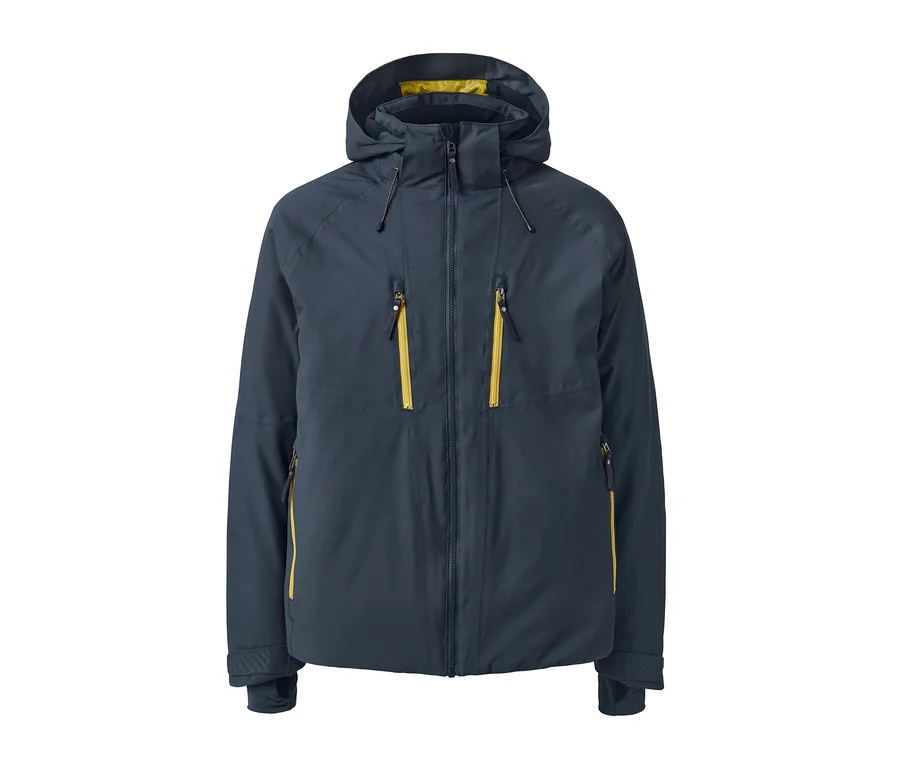 Eine marineblaue High-Tech-Skijacke mit Kapuze und gelben Reißverschlüssen.