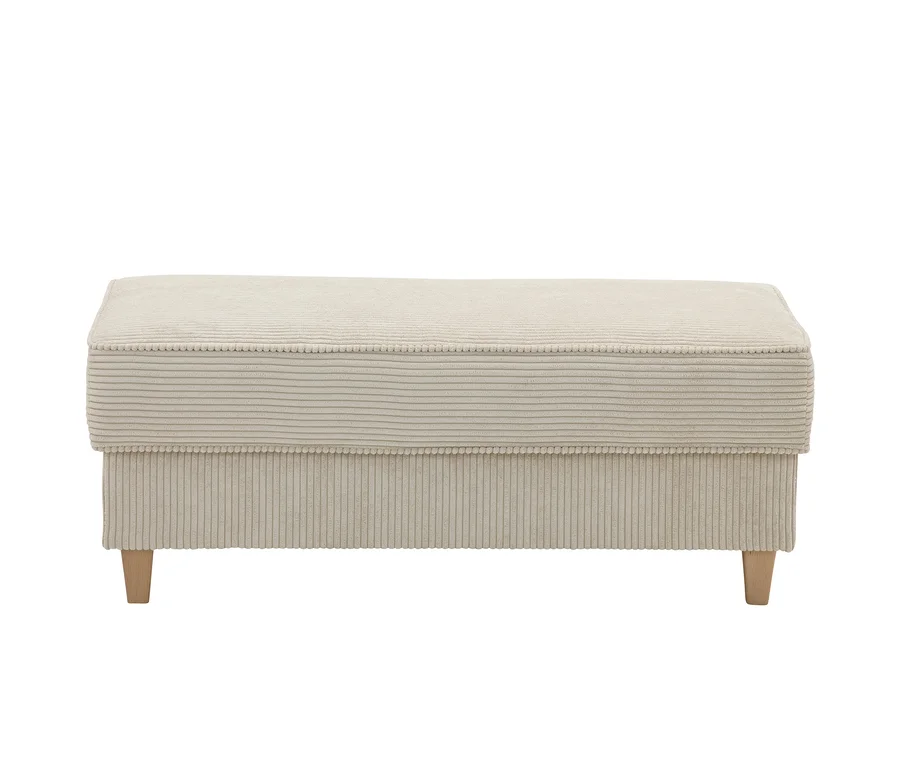 Beige aufklappbare Hockerbank mit Stauraum in Cordstoff.