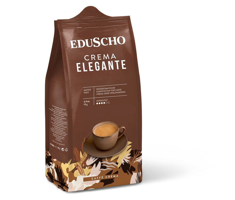 Eine braune Packung Eduscho Crema Elegante Kaffeepads.