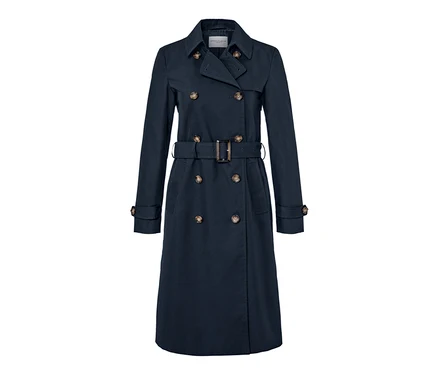 Marineblauer Trenchcoat mit Gürtel und Knöpfen.