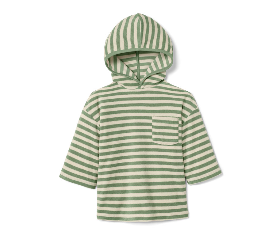 Gestreiftes Kinder-Frottier-Shirt in Grün und Weiß mit Kapuze.