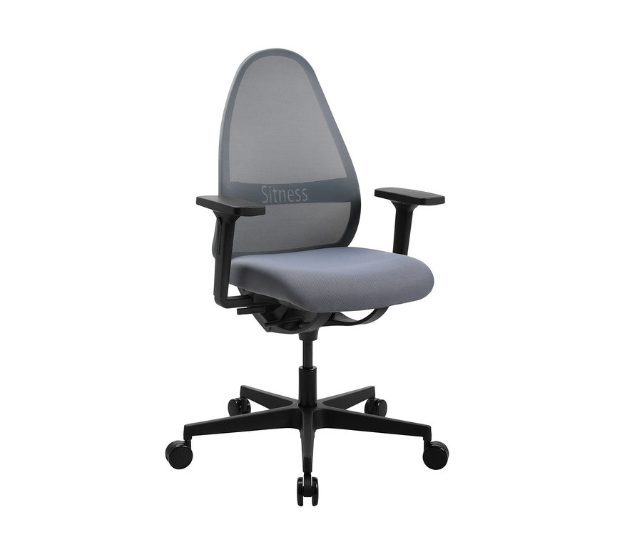 Nahaufnahme eines grauen Topstar »SOFT SITNESS ART« Bürostuhls mit schwarzen Armlehnen und Untergestell.