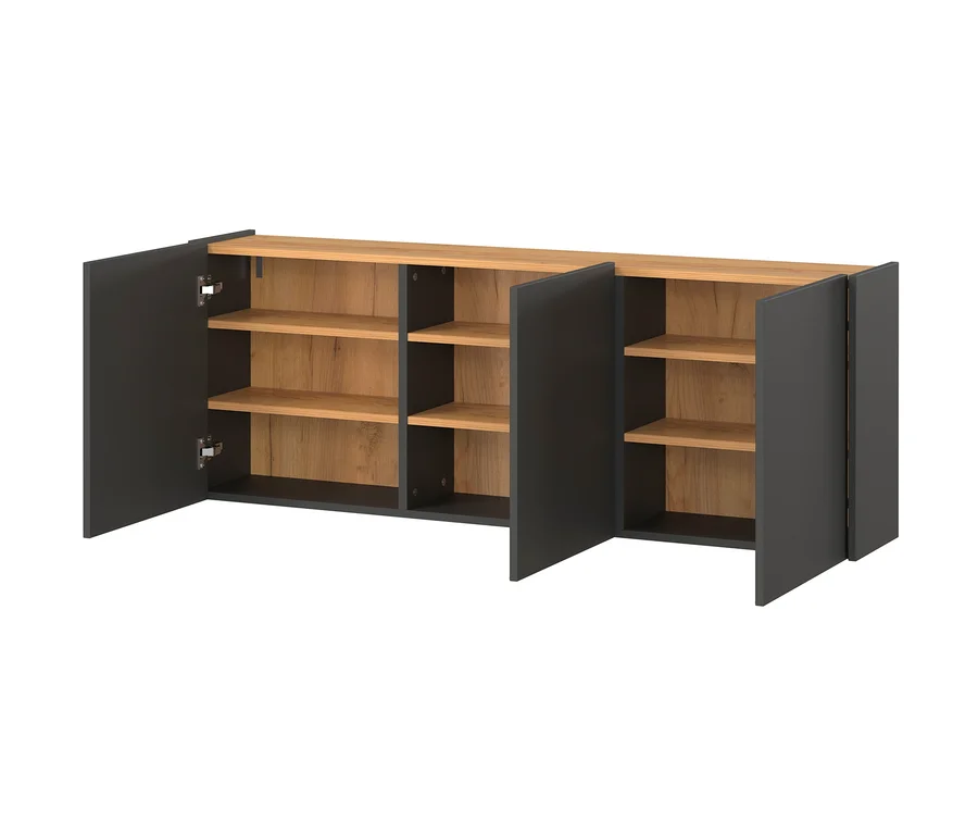 Mehrzweckschrank »Libbiano« in Graphit mit offenen Türen und Holzregalen.