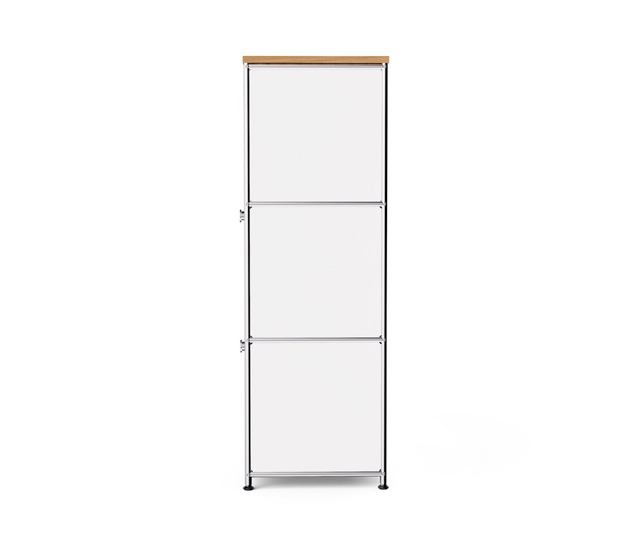Schmale, weiße Metallkommode »CN3« mit Holzplatte und 2 Klappfächern.