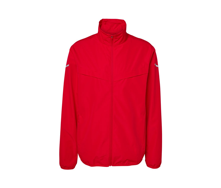 Rote Windprotection-Funktionsjacke mit Reißverschluss.