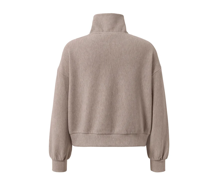 Beiger Sweatpullover mit hohem Kragen und langen Ärmeln.