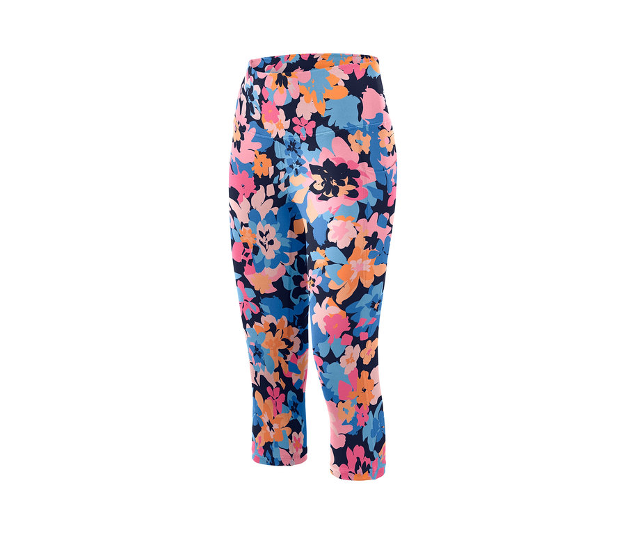Nahaufnahme einer 3/4-Sporttight mit Blumenmuster.