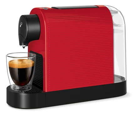 Rote Cafissimo pure+ Kaffeemaschine mit einer Tasse Kaffee.