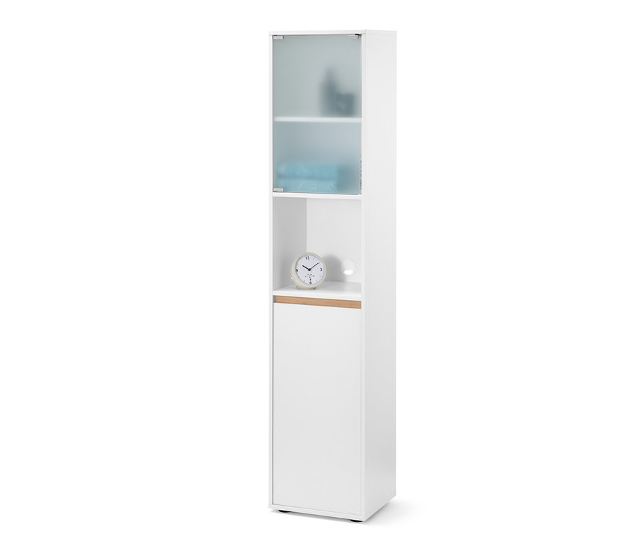 Weißer Hochschrank, Bad mit Glasoberschrank, offenem Fach mit Uhr und Unterschrank.