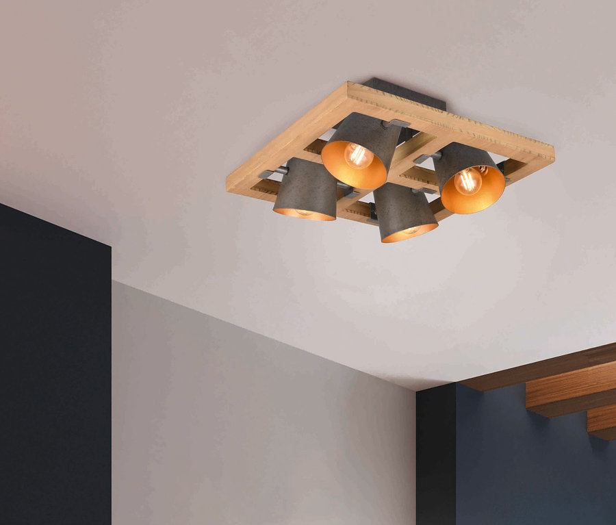 Trio Deckenleuchte »Bell«, 4-flammig mit Holzrahmen und grauen Lampenschirmen.