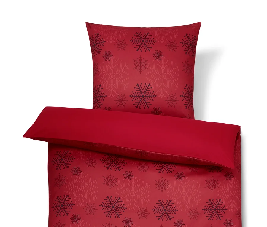 Rote Microfaser-Flanell-Bettwäsche mit Schneeflockenmuster, Normalgröße und Übergröße.