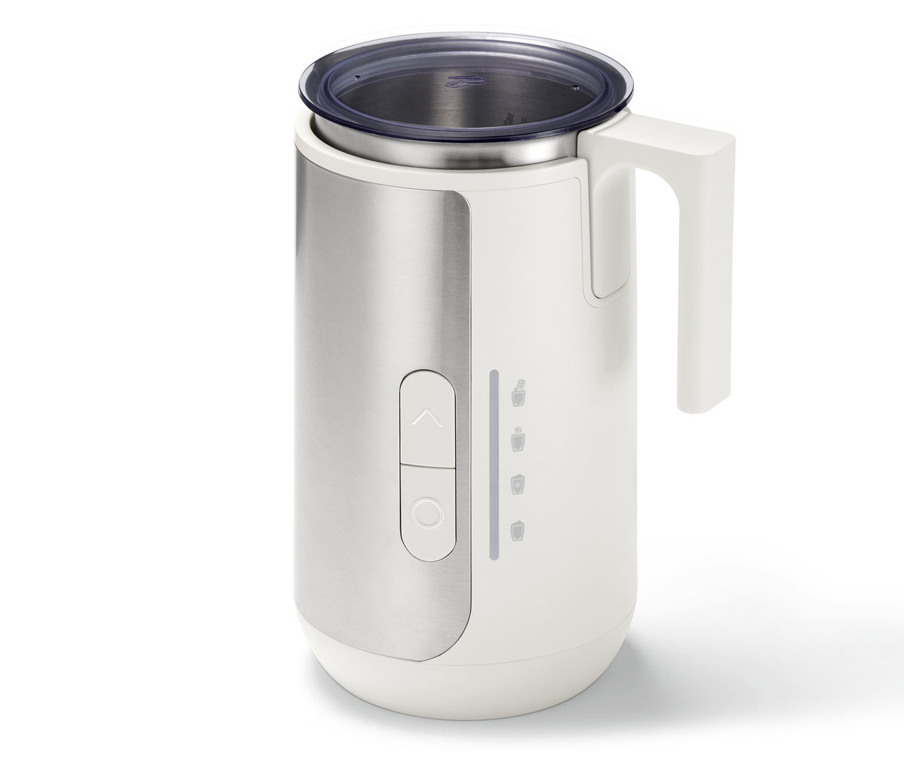 Ein weißer Milchaufschäumer mit einem silbernen Streifen und einem transparenten Deckel.