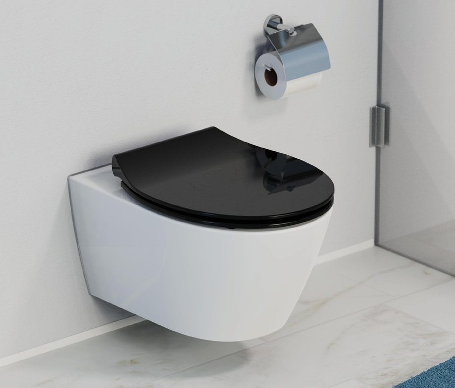 Eine weiße Hänge-Toilette mit einem schwarzen Duroplast WC-Sitz, Slim Black.