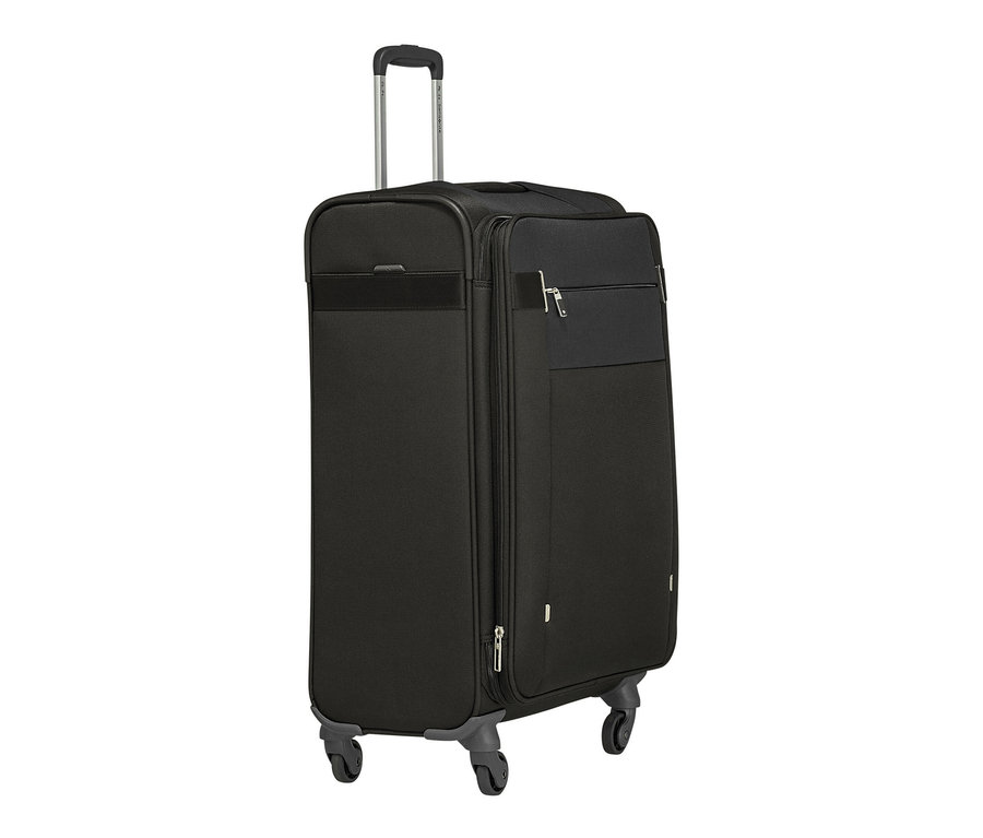 Ein mittelgroßer, schwarzer Samsonite CITYBEAT SPINNER Koffer auf weißem Hintergrund.