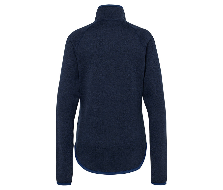 Detail der Rückseite einer dunkelblauen Fleecejacke mit langen Ärmeln.