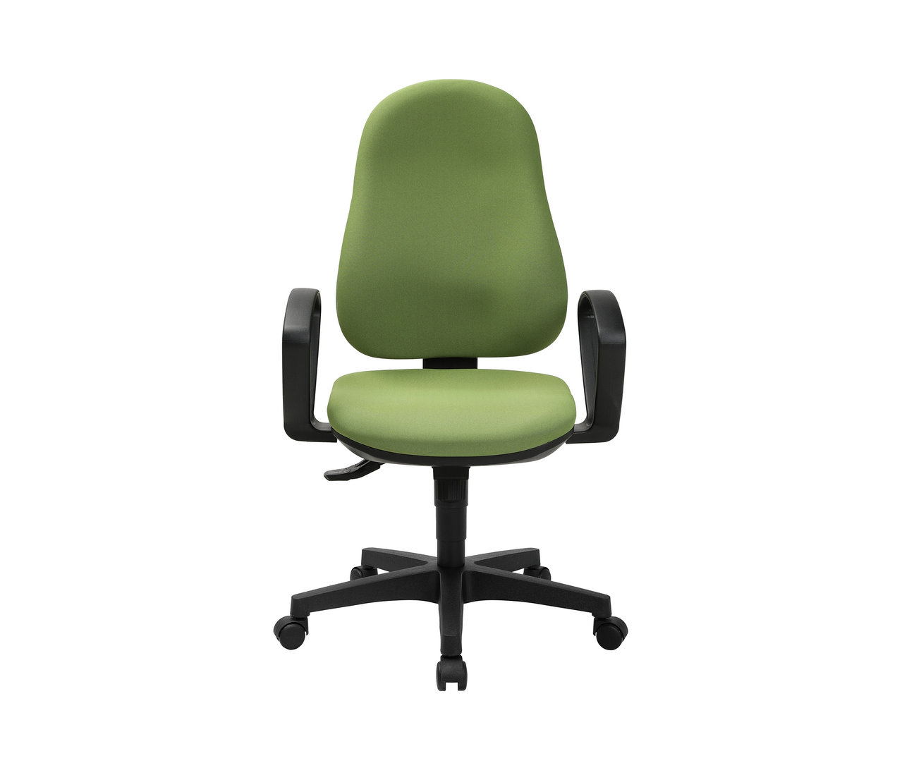 Ein grüner Topstar Stuhl "Support SY" mit schwarzen Armlehnen und Untergestell vor einem weißen Hintergrund.