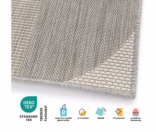 Detailansicht eines grauen, faltbaren Outdoor-Teppichs im geometrischen Design.