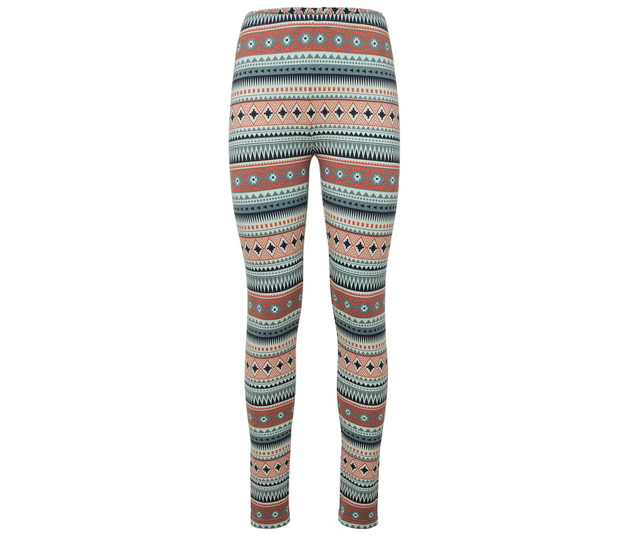 Gemusterte Leggings mit geometrischen Formen in Orange, Blau und Weiß.