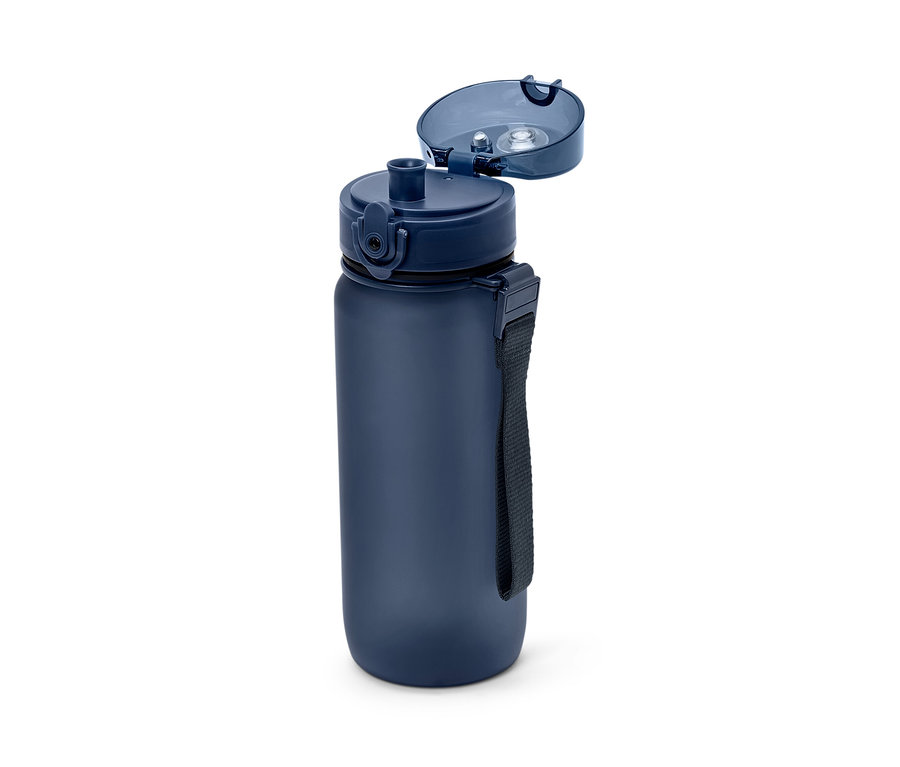Eine blaue Wasserflasche mit geöffnetem Deckel.