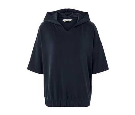 Dunkelblauer Hoodie aus Modal-Mix mit kurzen Ärmeln.