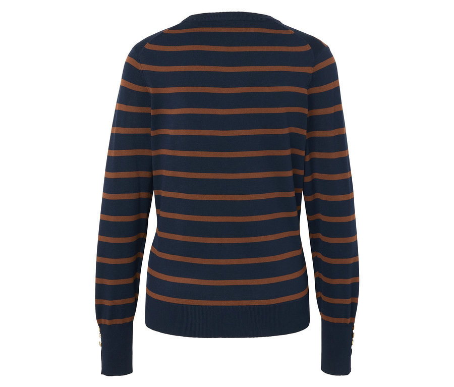 Rückansicht eines dunkelblauen Pullovers mit braunen horizontalen Streifen.