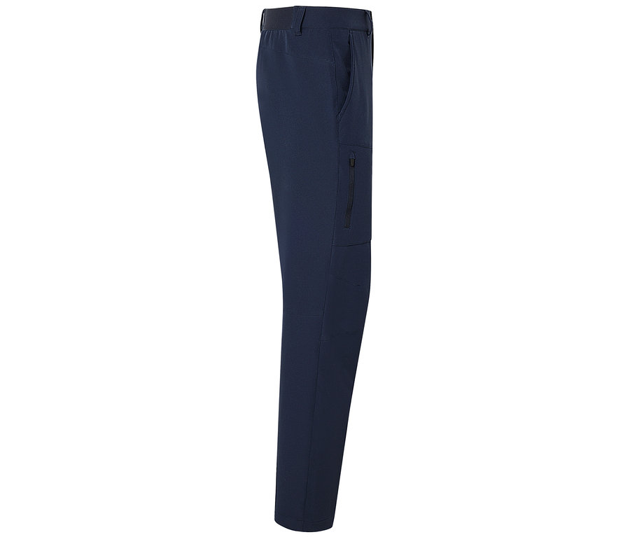 Dunkelblaue Hose mit Reißverschlusstaschen.