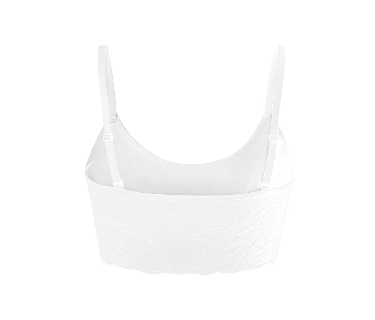 Detailansicht eines weißen Seamless-Bustiers mit Spitze.