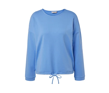 Ein hellblaues Sweatshirt mit langen Ärmeln und Kordelzug am Saum.
