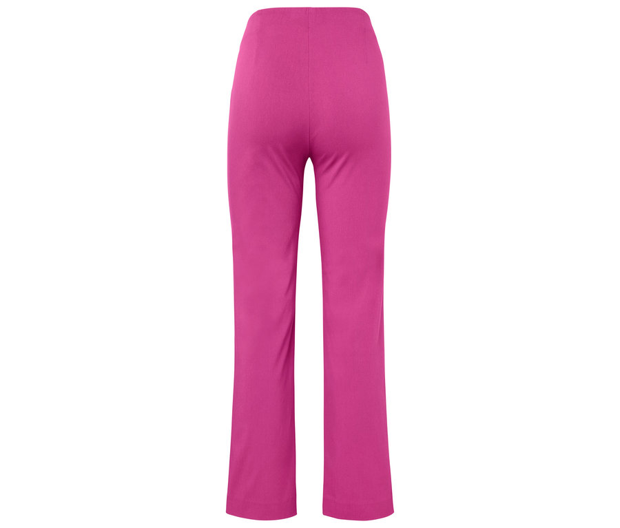 Rückansicht einer pinken Schlaghose mit hoher Taille.