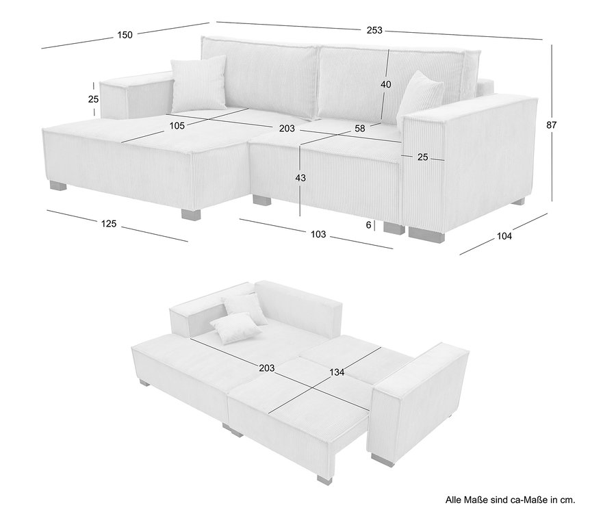 Draufsicht und perspektivische Darstellung eines weißen Sofas mit Maßen in Zentimetern.