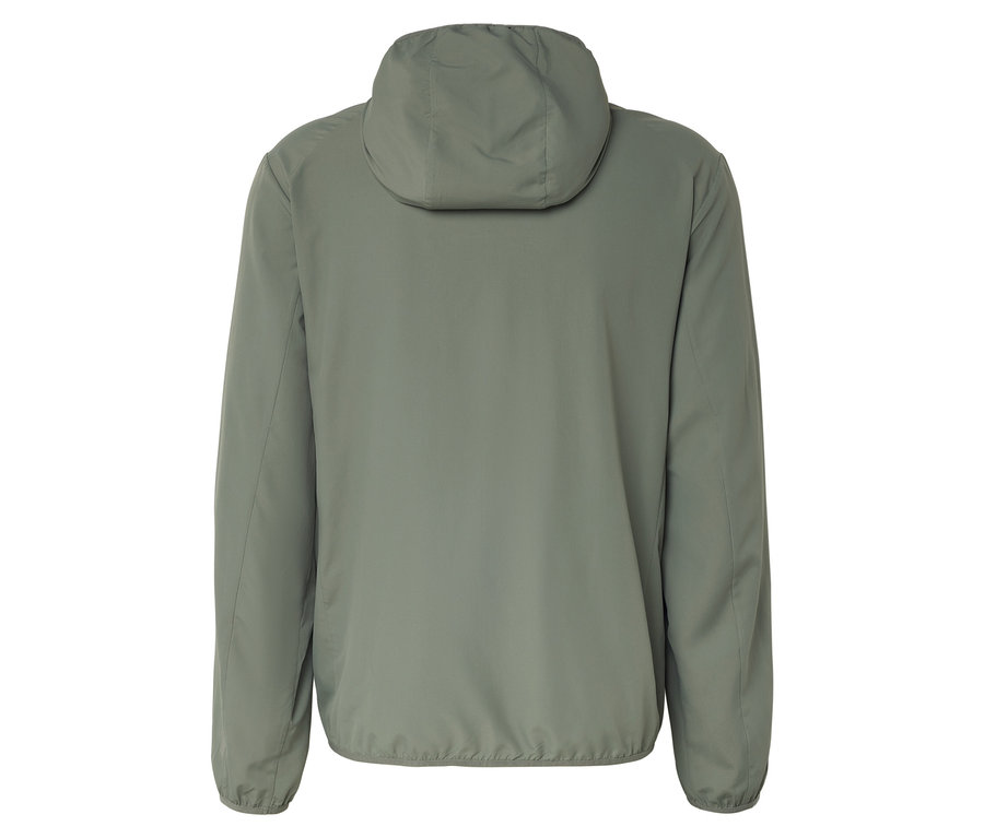 Rückansicht einer einfarbigen olivgrünen Jacke mit Kapuze.