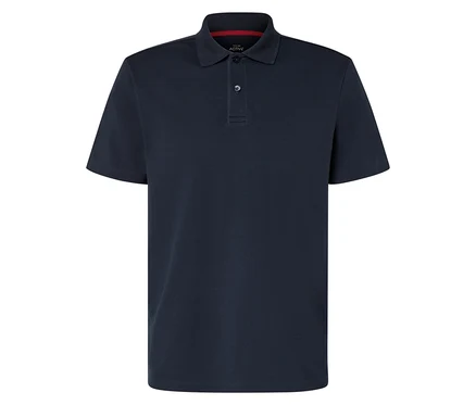 Marineblaues Funktions-Poloshirt mit kurzem Arm und zwei Knöpfen.