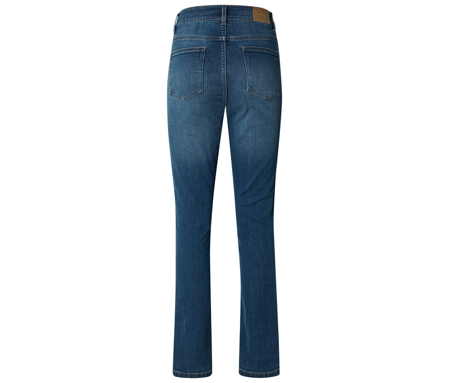 Rückansicht einer blauen Jeans mit geradem Bein und Taschen.