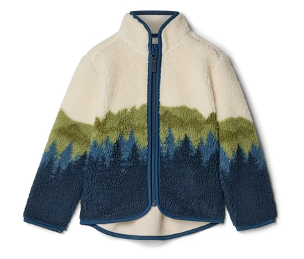 Eine Fleecejacke mit Reißverschluss, die oben cremefarben und unten dunkelblau ist und einen grünen und blauen Wald hat.