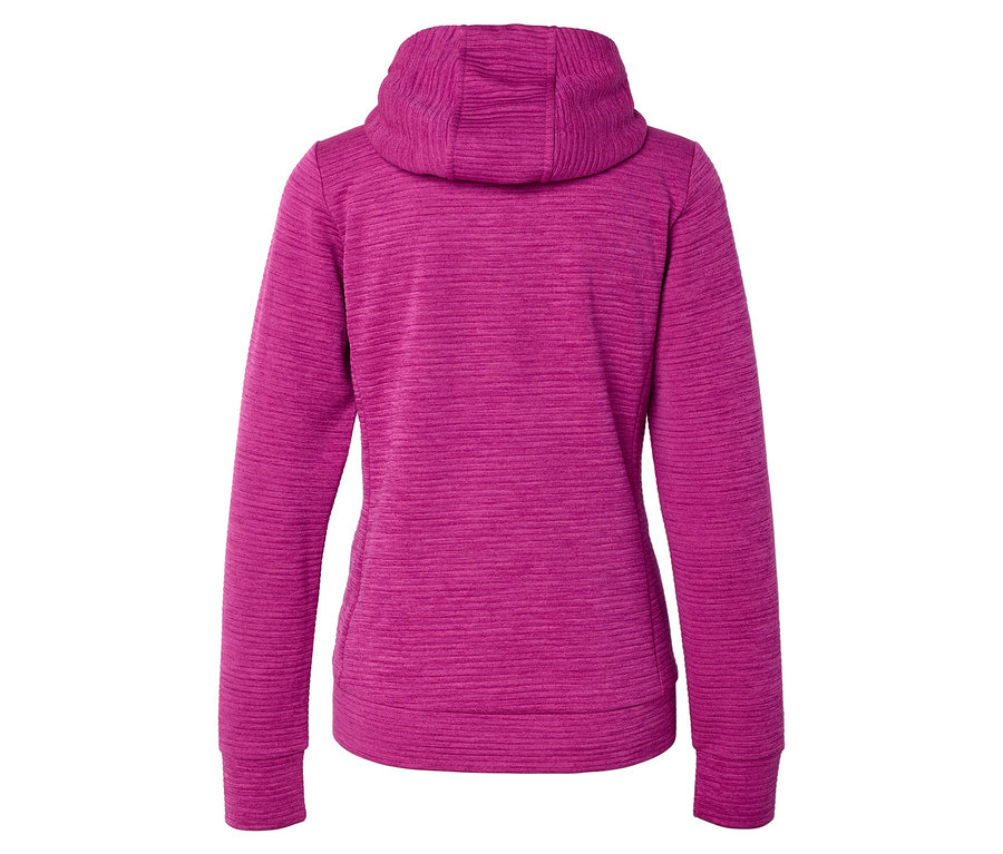 Rückansicht einer pinkfarbenen Kapuzenjacke mit langen Ärmeln.