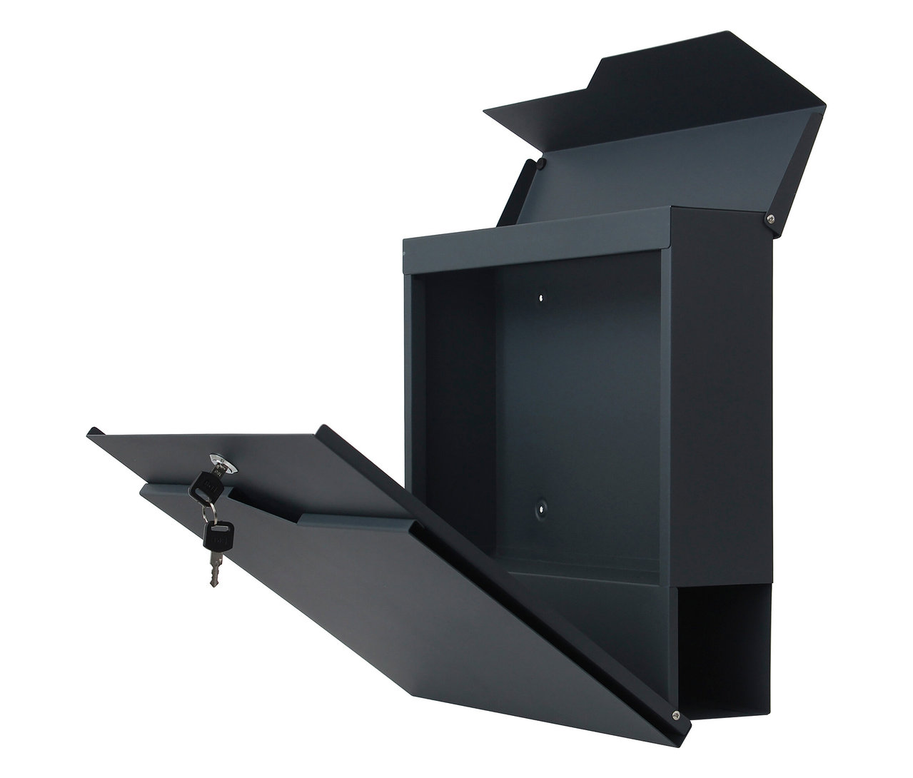 Ein geöffneter, anthrazitfarbener Briefkasten mit Schlüssel steckt im Schloss.