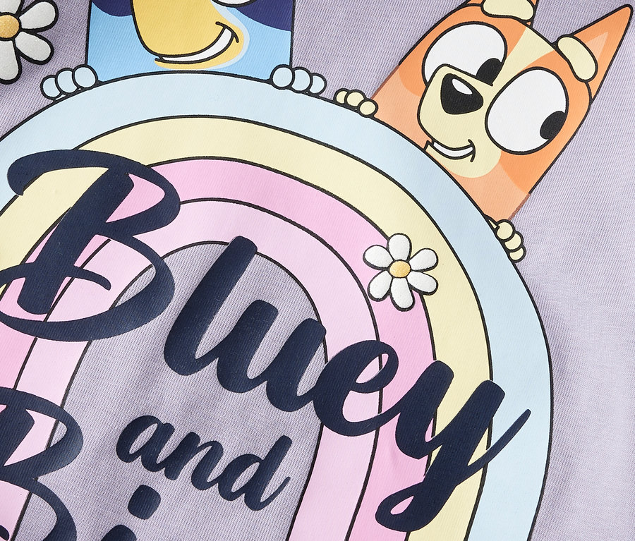 Nahaufnahme eines lilafarbenen Stoffes mit den Zeichentrickfiguren Bluey und Bingo, die über einen Regenbogen spähen, sowie Gänseblümchen.