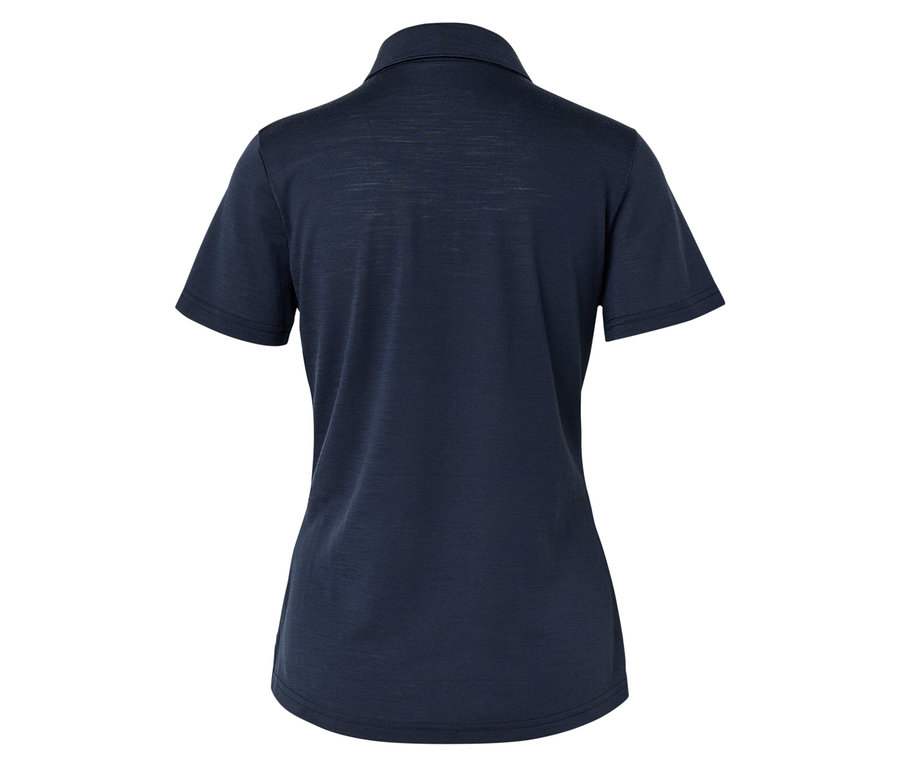 Rückansicht eines marineblauen Poloshirts mit kurzen Ärmeln.