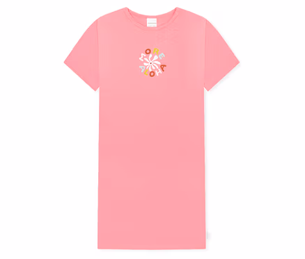 Ein rosa T-Shirt-Kleid mit einem bunten "More Aloha"-Design in der Mitte.