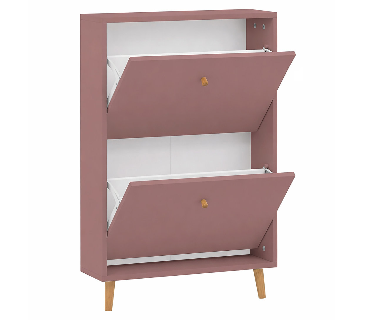 Rosa Schuhschrank mit zwei offenen Fächern und Holzgriffen.